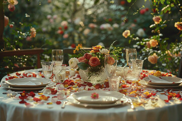 Dinner in a secret garden surrounded by flowers close up on the petal strewn table - obrazy, fototapety, plakaty