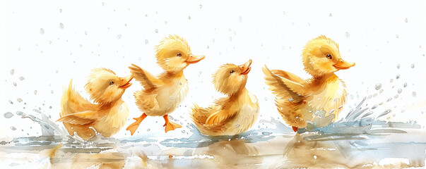 Ducks in a watercolor rain puddle hopping rainy day play isolated white - obrazy, fototapety, plakaty