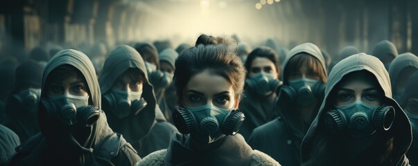 Crowd of people in medical masks against virus. - obrazy, fototapety, plakaty