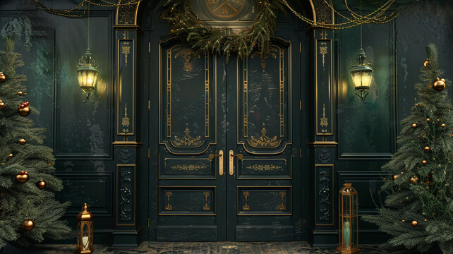 A hyper-realistic 8K image showcasing 3D double doors with Christmas lanterns and obsidian engravings, against a dark emerald background