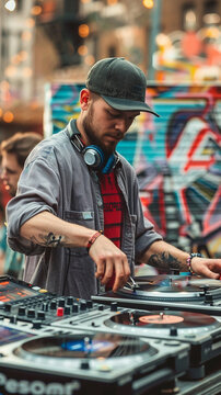 Hip hop DJ scratching records graffiti background urban culture in focus