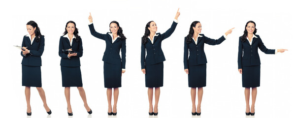 Collection of full body length portraits of business woman in suit, isolated white background. Collage mockup image of confident businesswoman showing, pointing advertising writing, ad concept.