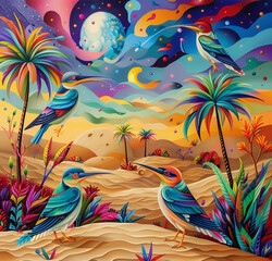 Fototapeta na wymiar Playful curiosity among desert birds vibrant oasis animated feathers in sands