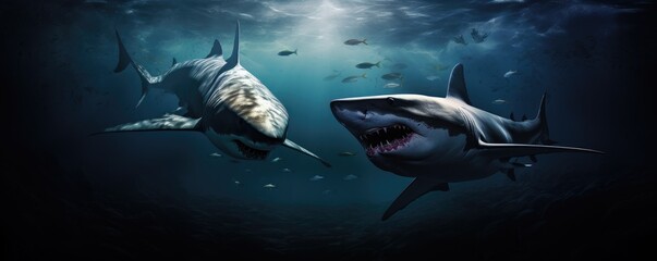 Bloodthirsty shark underwater ready to attack with dark and dramatic lighting.
