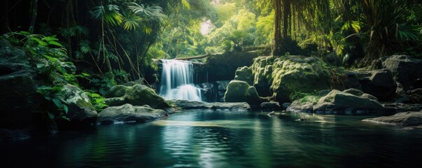 Amazing tropical forest with beautiful lake and fast flowing waterfall over boulders in background. - obrazy, fototapety, plakaty