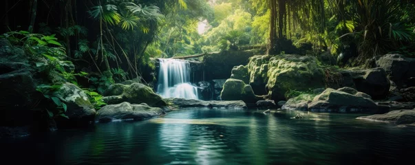 Fototapeten Amazing tropical forest with beautiful lake and fast flowing waterfall over boulders in background. © Filip