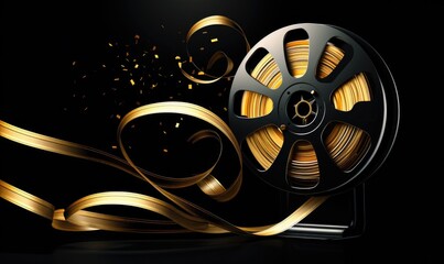 Golden vector film reel and twisted cinema tape.