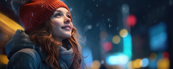 Happy young Woman in winter clothing with colorful christmas lights background.