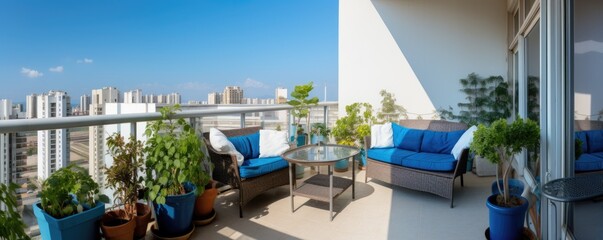 Fototapeta premium Spacious balcony of an apartment with flowers in pots and with amazing view.