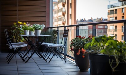 Spacious balcony of an apartment with flowers in pots. - obrazy, fototapety, plakaty