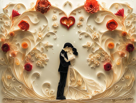 The couple's heartfelt embrace is set against a majestic backdrop, with their attire exuding elegance and the addition of a paper quilling kirigami heart