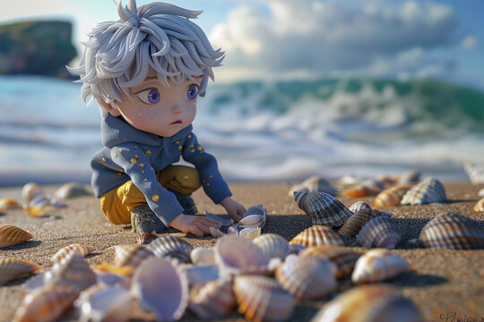 Lifelike 4D image of a chibi boy with gold-flecked hair