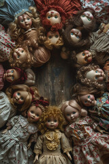 Fototapeta premium Creepy dolls arranged in a circle a sinister ritual left unfinished