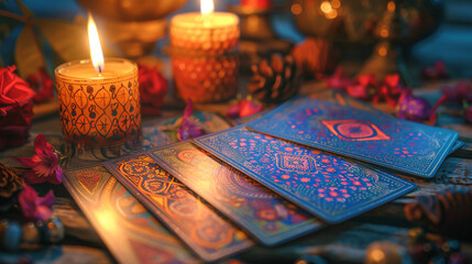 Tarot reading by candlelight the cards foretelling a journey of faith - obrazy, fototapety, plakaty