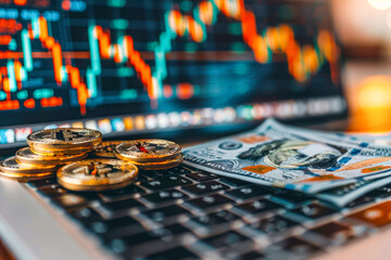 Naklejka premium Vibrant image showcasing coins and keyboard with financial graphs on laptop screen illustrating online investment