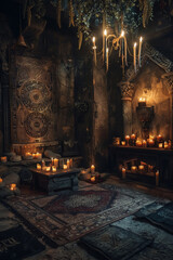 Underground meeting room with candle dark story