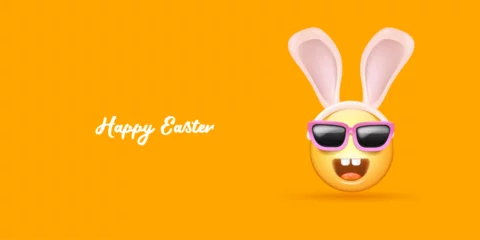 Foto op Canvas Happy easter funny horizontal banner with cartoon 3d smile face with rabbit ears and sunglasses isolated on yellow background. Vector 3d square happy eater poster, flyer, banner, label and background © zmiter