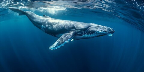 Fototapeta premium Majestic Blue Whale Swimming in the Ocean Depths with Professional Photo Copy Space. Concept Wildlife Photography, Marine Life, Underwater World, Ocean Conservation, Nature Conservation