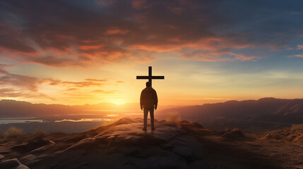 Easter Sunday concept: Silhouette family looking for the cross of Jesus Christ on autumn sunrise background