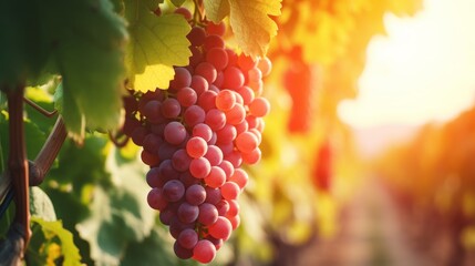 Detailed view of ripe grapes hanging on a vine branch in a picturesque vineyard setting