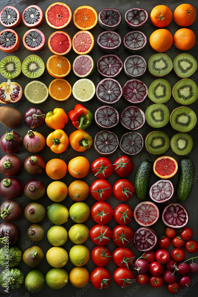 Aufkleber A vibrant array of assorted fruits and vegetables arranged on a rustic table, showcasing the beauty and abundance of natures bounty