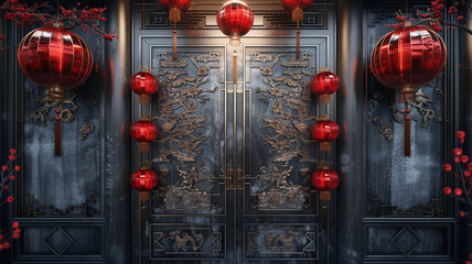 A dazzling 8K image of 3D double doors, showcasing Christmas lanterns and engraved obsidian, against a metallic silver background
