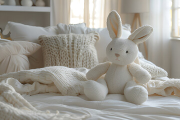 White bunny on in bed, white interior, nordic style