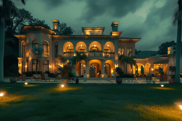 A luxurious estate with strategically placed outdoor lights, amid rolling lawns, under the soft glow of a mint green twilight