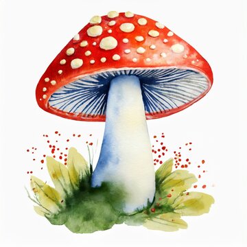 Watercolor illustration of amanita muscaria mushroom. Hand drawn art. Aquarelle drawing.