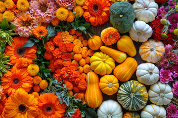 Diverse assortment of vibrant flowers and pumpkins creating a colorful and lively botanical display in a harvest setting