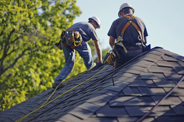 Roofers installing new shingles on a house