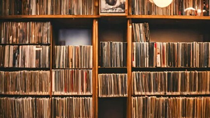 The blurred interior of a vintage vinyl record store 
