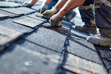 Roofers installing new shingles on a house - obrazy, fototapety, plakaty