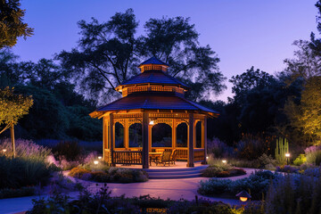 A luxurious pavilion illuminated by elegant exterior lighting, amidst a tapestry of trees, under the gentle embrace of a lavender dusk - Powered by Adobe
