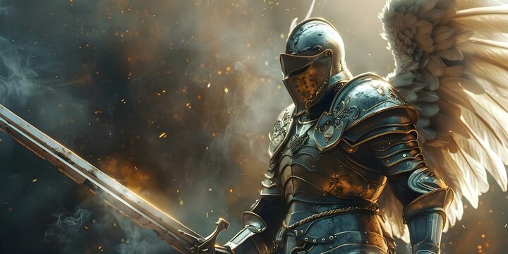 An angelic warrior wields divine weapons as a guardian of the heavens. Concept Fantasy, Angelic, Warrior, Divine Weapons, Guardian of the Heavens - Powered by Adobe