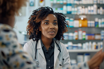 Female pharmacist behind counter explaining usage of medicine