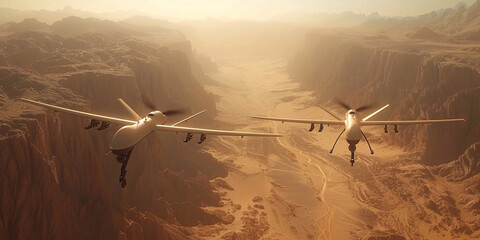 A 3d rendering of a military UAV flying over a desert - obrazy, fototapety, plakaty
