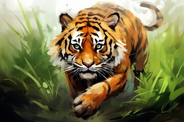 Majestic tiger in the wild captured in a realistic oil painting amidst a lush natural background