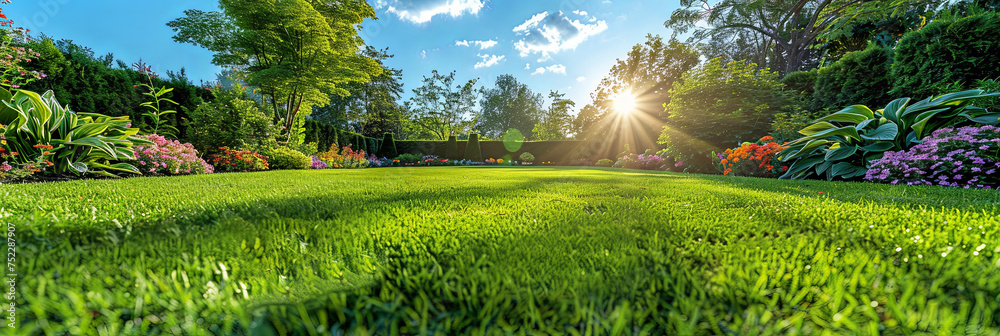 Poster the sun casts a brilliant light over a vibrant green lawn, creating a mesmerizing display of warmth 