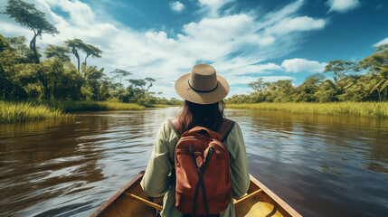 Woman with backpack swims on boat among river to meet her friends. Travel and active lifestyle, summer holiday concept. happy young woman tourist in asian hat on the boat at river - Powered by Adobe