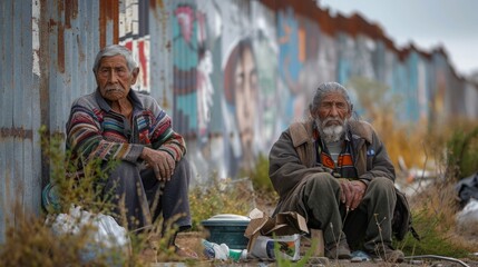 Fototapeta na wymiar An elderly Mexican man and woman share a quiet moment of reflection in front of the border wall, surrounded by their few possessions