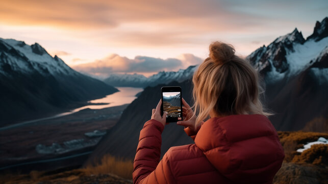 Female traveler taking picture of amazing landscape with mountains on smartphone during vacation.Woman traveler relaxing and looking at beautiful sunrise on top of mountains, Travel lifestyle concept.