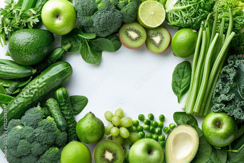 Poster A green  assortment of fruits and vegetables arranged in a circular formation, showcasing a variety of colors, shapes, and textures