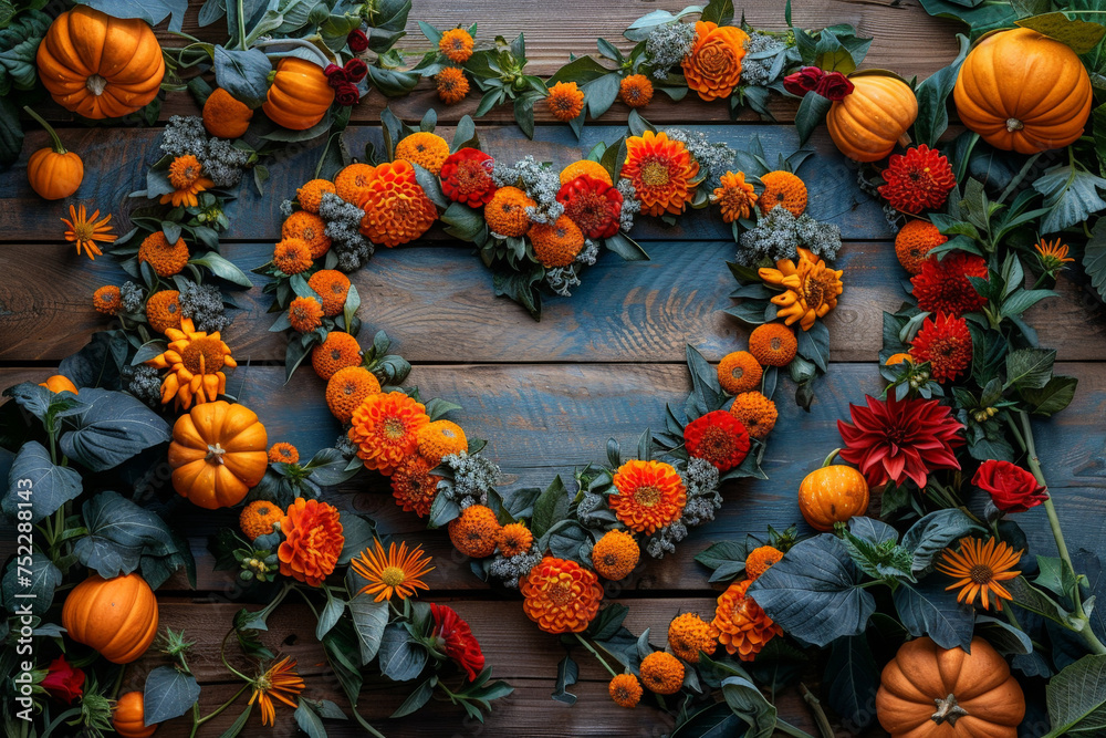 Sticker A heart-shaped arrangement created with a variety of colorful flowers and pumpkins, blending natures beauty with autumnal charm