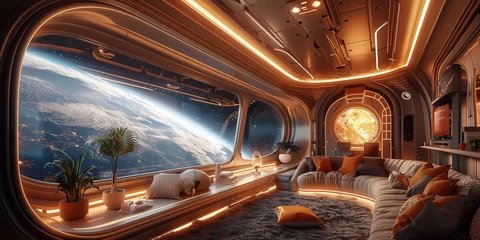 Foto op Canvas Spaceship grunge interior with view on planet Earth 3D rendering elements of this image furnished by NASA © Nataliia