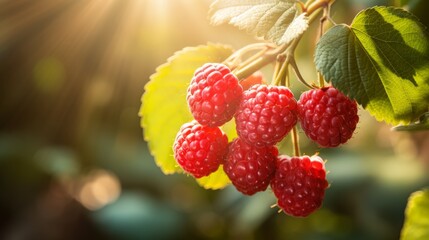 Ripe red raspberries on branch in garden from bright sunlight, free space for text