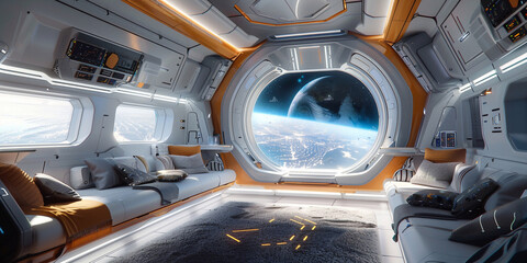 Dark blue spaceship futuristic interior with window view on planet Earth 3d rendering elements of...