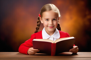 schoolgirl child reading a book. close-up