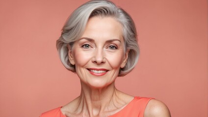 Vibrant portrait of an older woman with grey hair smiling in a bright orange top - obrazy, fototapety, plakaty