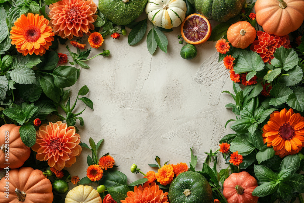 Poster various vibrant flowers and pumpkins arranged in a colorful and artistic display, creating a beautif